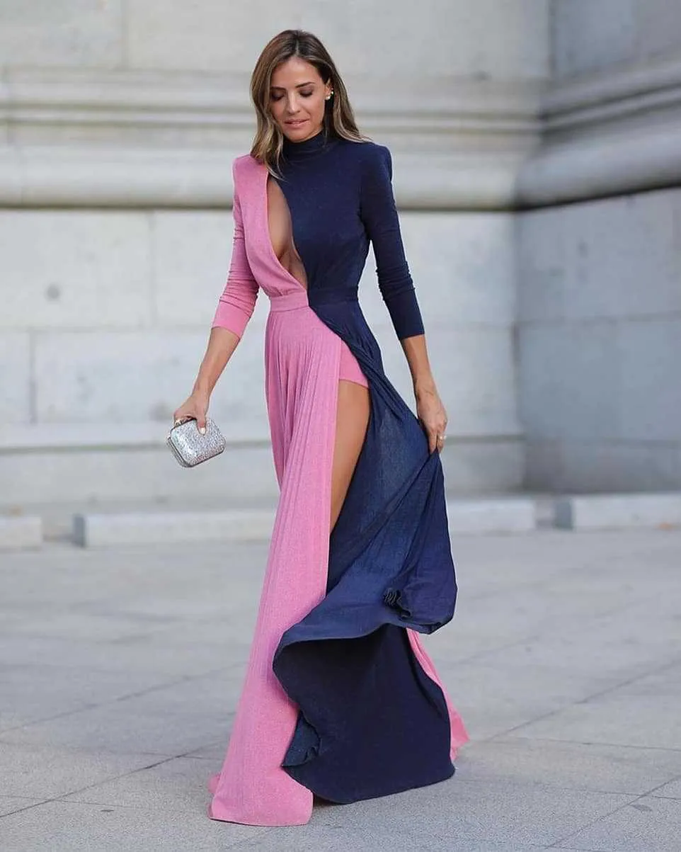 Women Dress Hollow Out Split Sexy Color Stitching Maxi es Temperament Long Sleeve High Waist Ball Gown 210524