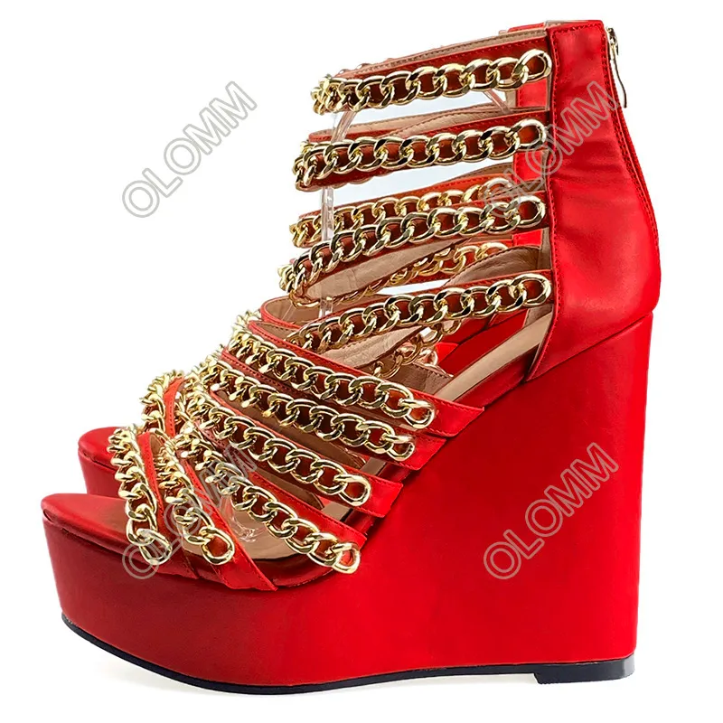 Olomm feita à mão feminino Gladiator Sandals Chain Cardges Saltos abertos do dedo do pé Fuchsia Red Purple Party Shoes Women Us Plus Tamanho 5-20