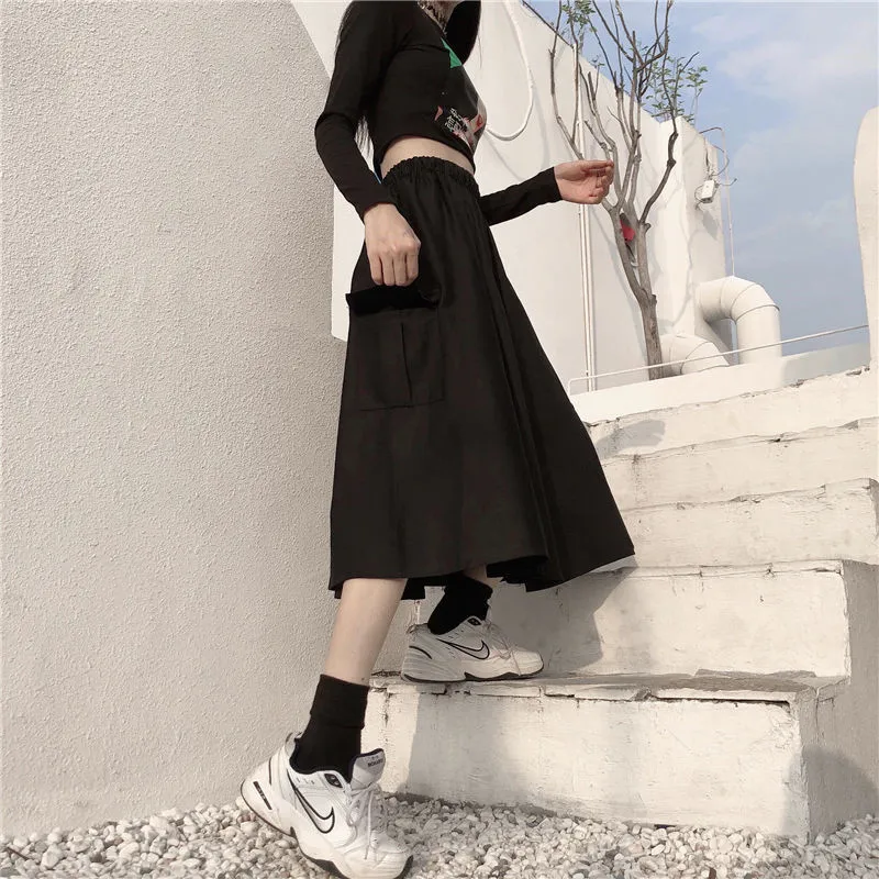 Gran bolsillo de cintura alta Midi Cargo falda Harajuku Streetwear coreano negro blanco faldas mujeres Punk Casual suelta gótica Hip Hop saia 210421