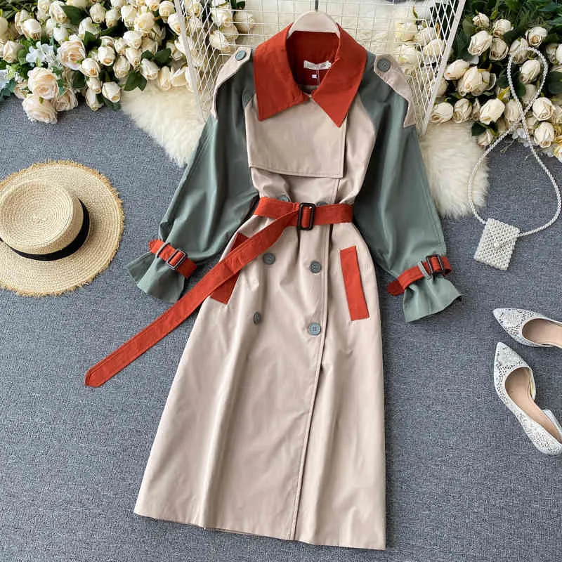 Herfst Winter Mode Lange Trenchcoat Color Blok Patchwork High Street Casual Uitloper Windjack Koreaanse Top Abrigo Mujer 210514