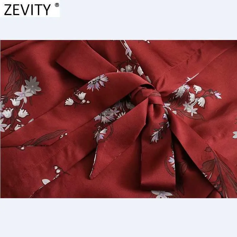 Zevity Kobiety Elegancki kwiat Print Sashes Czerwona Koszula Sukienka Biuro Damskie Chic Długi Rękaw Party Vestido Casual Tkaniny DS5019 210603