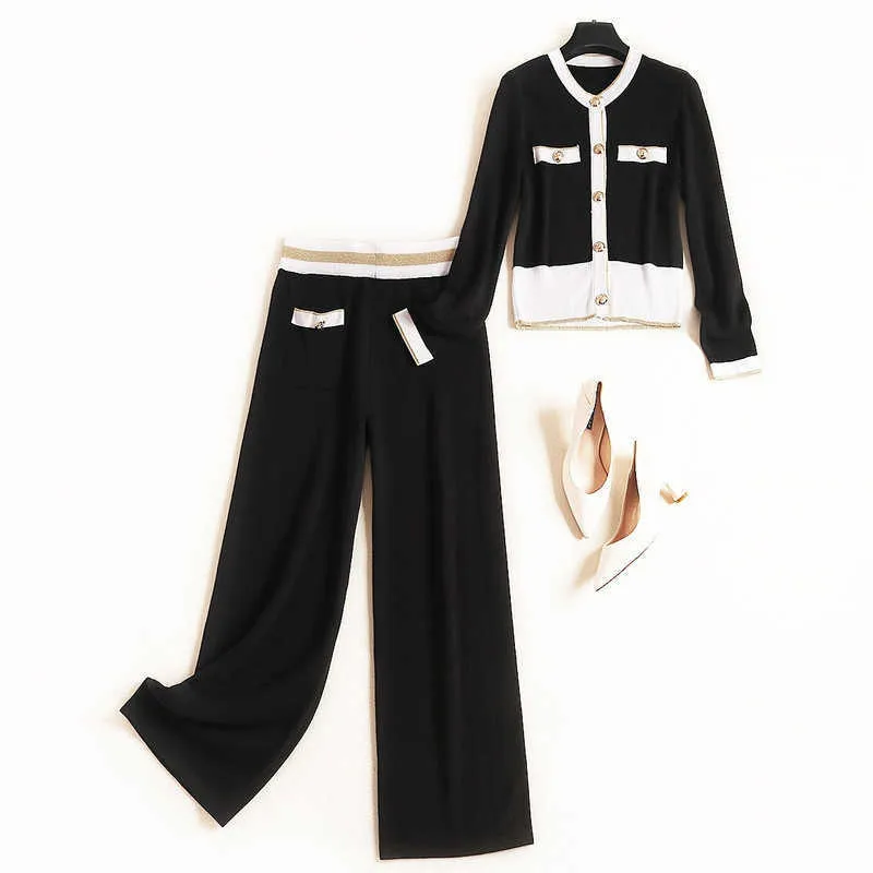 秋デザイナーファッション滑走路スーツ女性長袖カラーブロックニットカーディガントップとパンツ 2 点セットエレガントな衣装 210601