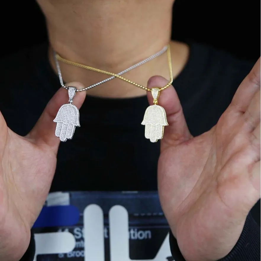 Menino masculino fatima hamsa mão pingente colar gelado 5a bling zircão cúbico corrente fina hip hop presente turco sorte jóias 255b