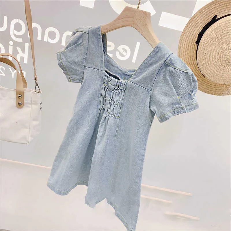 Summer EuropeanAmerican Fashion Girls Middle School Enfants Bubble Sleeve Denim Princesse Robe Enfant Bébé Enfants Fille Vêtements 210625