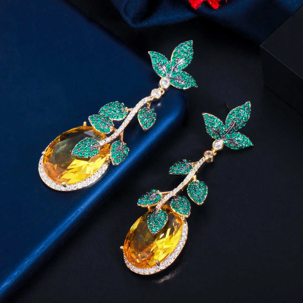 CWWZircons Super Luxury Green Cubic Zirconia Leaf Drop Big Yellow CZ Crystal Earrings for Women Unique Geometric Jewelry CZ811 2101428101