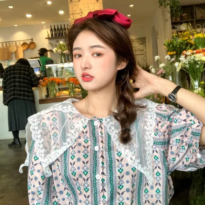 Women's Lace Puff Sleeve Peter pan Collar Patchwork Blouses Single Breasted Female Tops Office OL Lady blouses Ropa De Mujer 210514