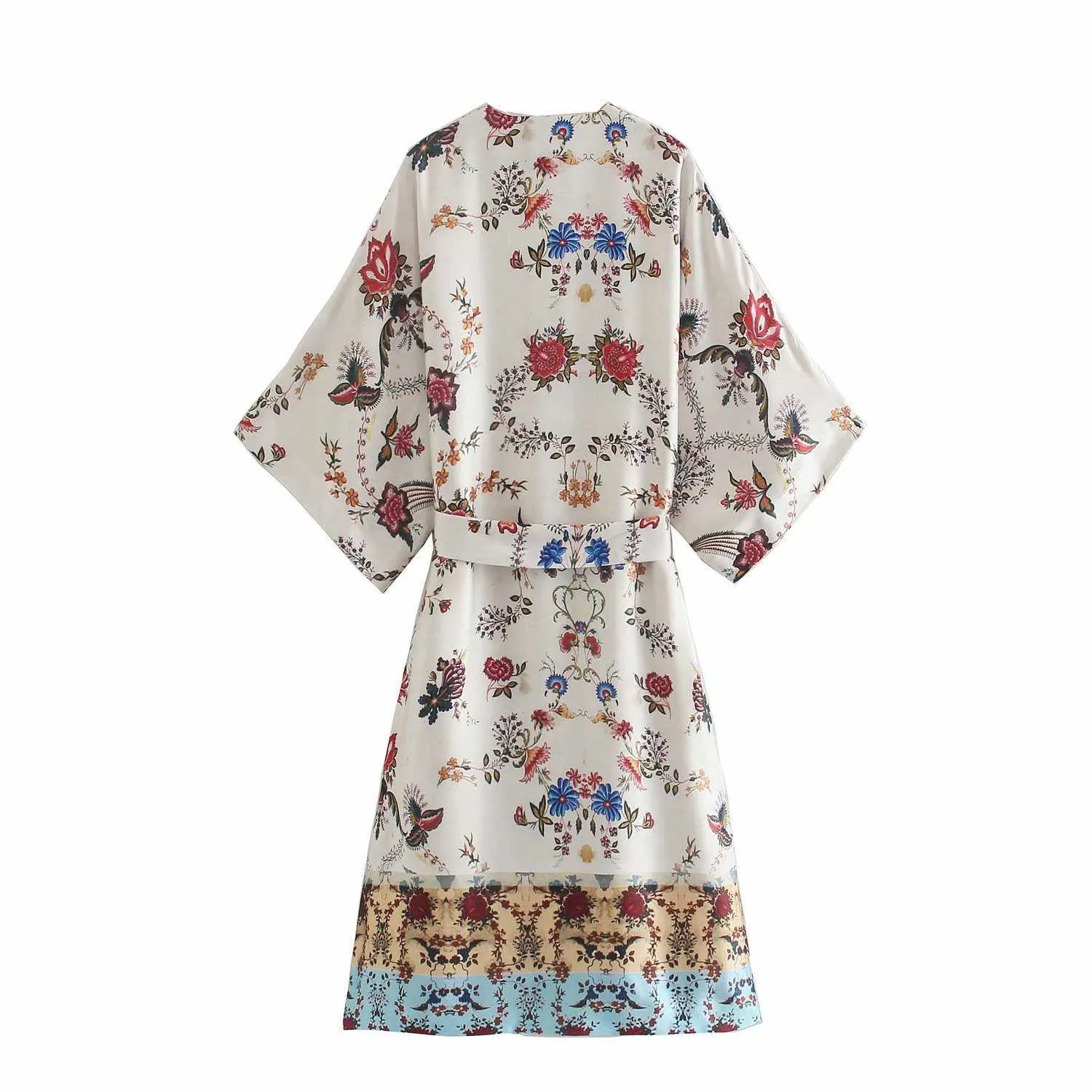 Floral Print Contrast Hem Casual Beach Wear Mid Length Kimono Shirts Summer Fashion Self-Belted Women Long Blouses 210604