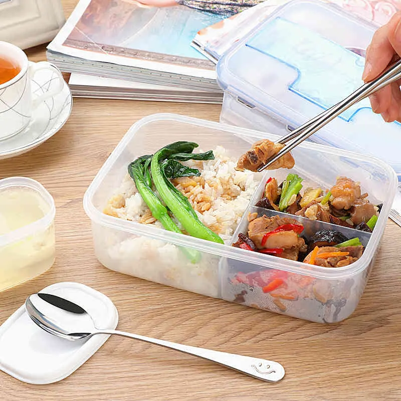 1000ml Microwave Lunch Box With Tableware Portable Bento Eco-friendly Outdoor Food Container Soup Bowl 210423