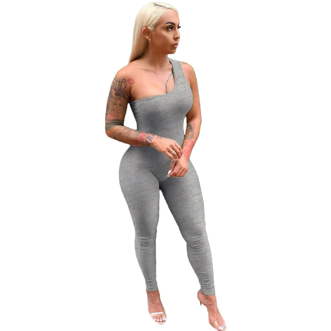 Summer Women Designant Kombinezony Sexy Jedno Ramię Bez Rękawów Hip Lifting Sports Pajacyki Elegancki Skinny Body Clubwear 8510