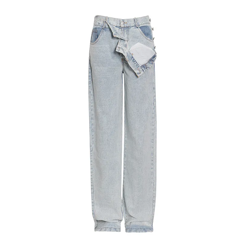 Jeans casual con bottoni laterali donna a vita alta pantaloni larghi dritti a gamba larga larghi moda femminile autunno 210521