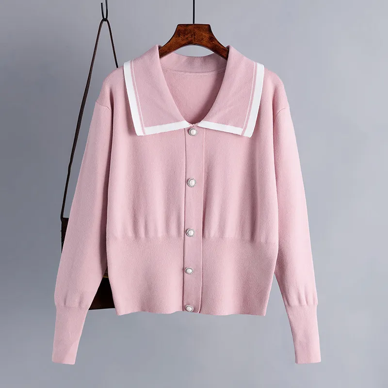 Korean Knitted Cardigan Women Turn-down Collar Long Sleeve Pearl Button Jumper Winter Warm Fashion Sweater Outwear 210419