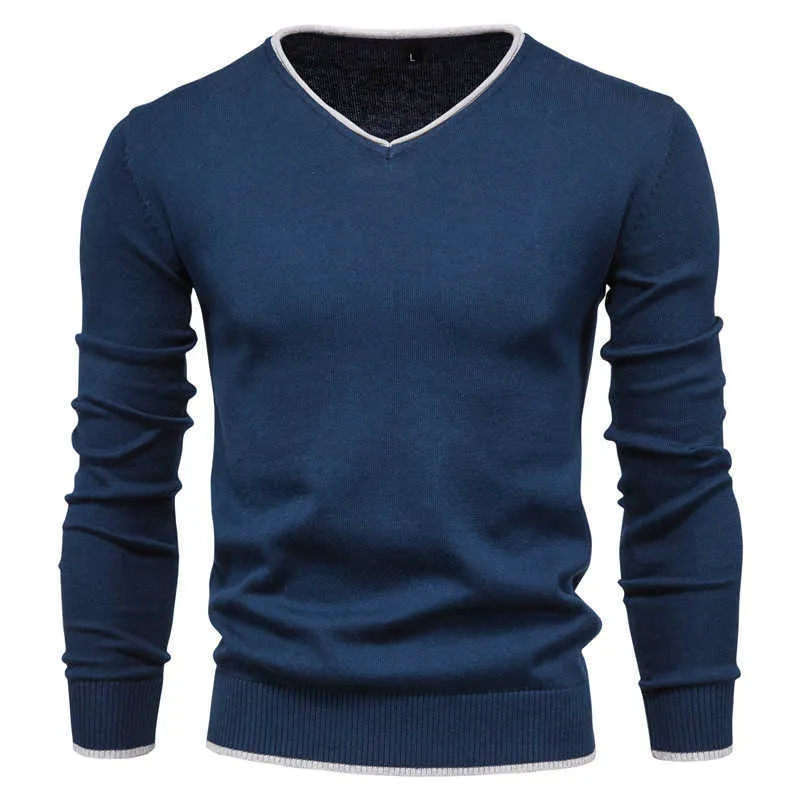 100% algodón jersey con cuello en v suéter para hombre color sólido manga larga otoño suéteres delgados casual tirar ropa 210918