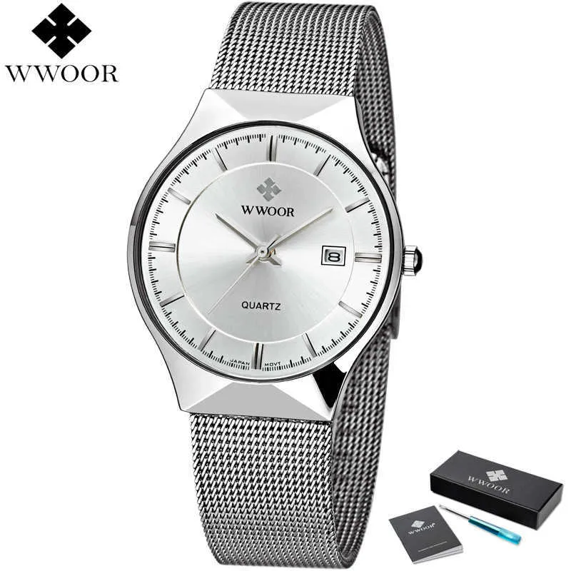 Wwoor marca relógios masculinos quartzo analógico data japão movimento ultra fino à prova dwaterproof água malha de aço fino masculino relógio de pulso prata para homem x0274b