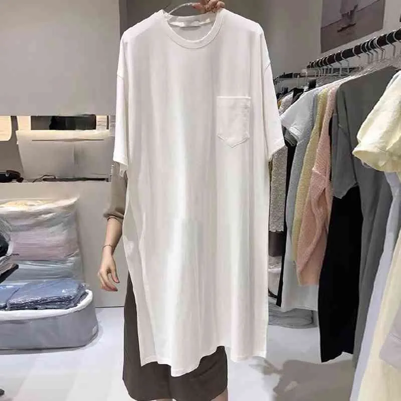 Summer Fashion Slit Designed T Shirts Dress for Women Simple Solid O-neck Dresses Women Comfortable Vestido Mujer 210514