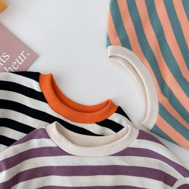 Autumn baby girls long sleeve loose striped sweatshirts Kids cotton all-match Tops 210508