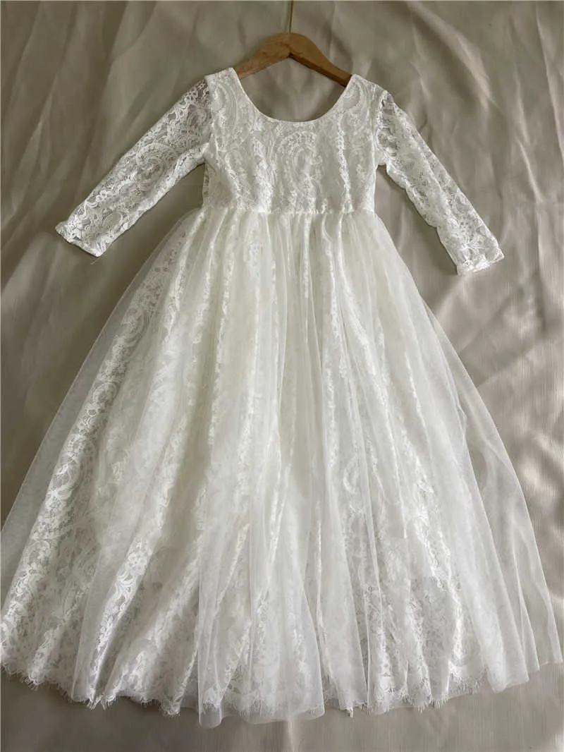 Filles de fleur Bridemaid robe en dentelle blanche fête broderie longue robe en Tulle pour mariage adolescent taille 210529