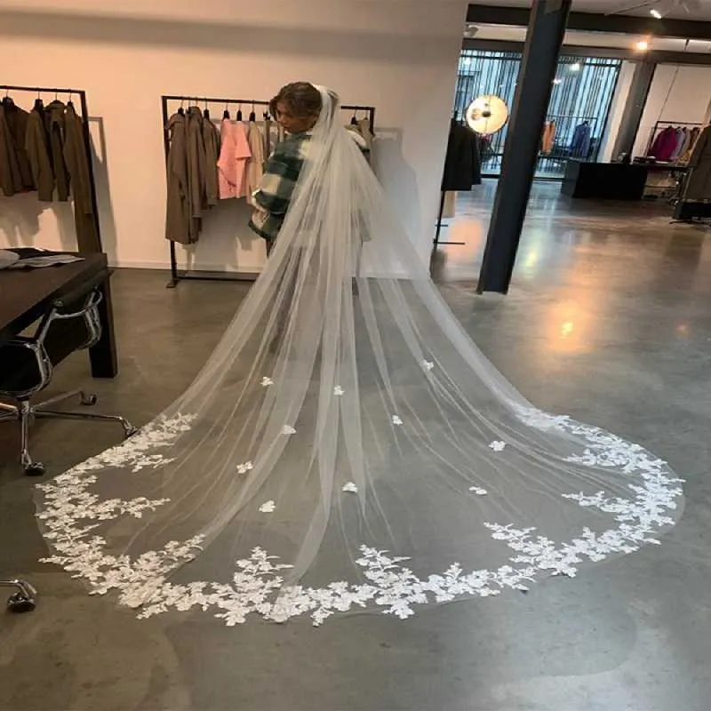 2021 novo design 3m borda de renda catedral véu de casamento com pente flor 3d uma camada longa tule véu nupcial voile branco marfim welon x193h