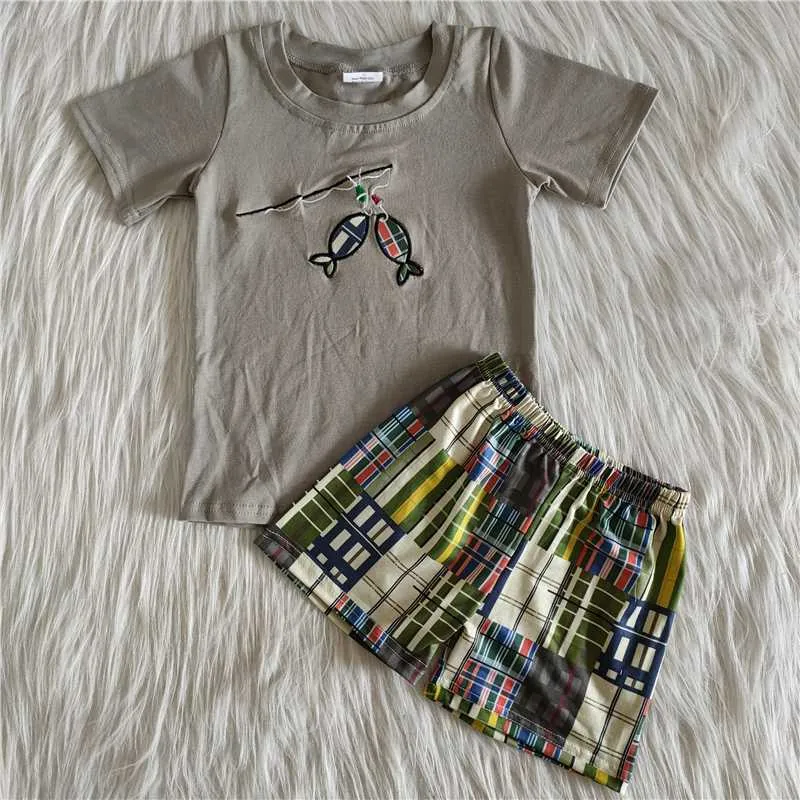 Venta al por mayor Baby Boy Verano Tractor Ropa Azul Manga corta Camión Camisa de bolsillo Pantalones cortos Niños Boutique Niños Set Moda Traje X0802