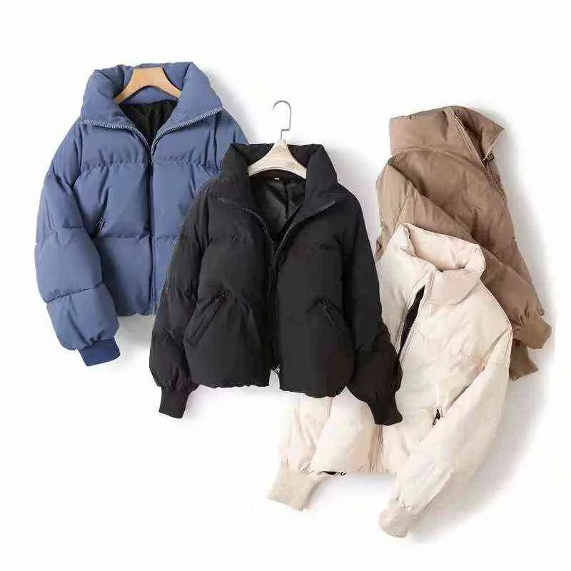 Winter Fashion Puffer Jacket Women Solid Stand Collar Thick Padded Coat Femme Preppy Style Girls Oversized Parkas Coats 211216
