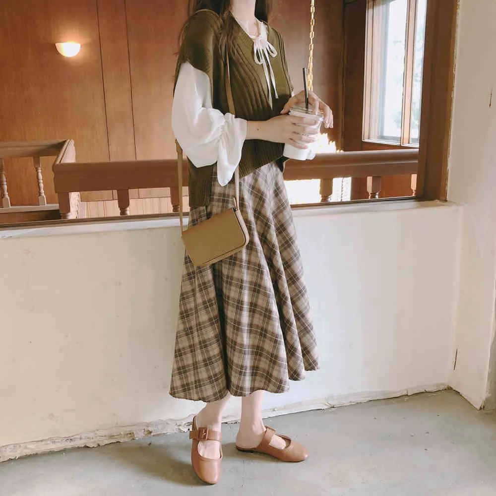 Taille élastique Jupes Vintage Plus Taille Harajuku Nouvelle jupe à carreaux coréenne Femmes High Taille School Girls Mid Carf Jupe plissée 210331