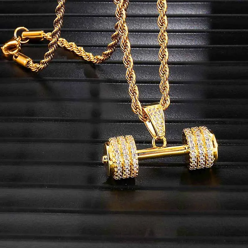 Hip Hop Bling strass corde chaîne colliers haltère gymnase Fitness haltère couleur or main pendentifs pour hommes bijoux 214K