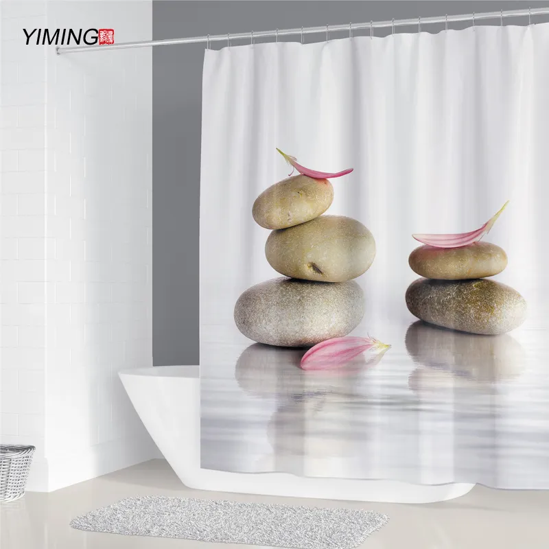 YIMING 3D pierre eau courante bouddha imperméable à l'eau résistant aux moisissures lavable rideau de douche Zen 210402