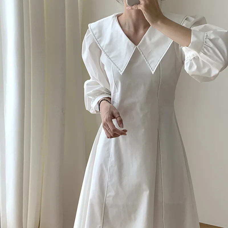 Korobov coréen chic minimalisme élégant revers ligne ouverte conception est taille mince grande balançoire robe à manches bouffantes 210430