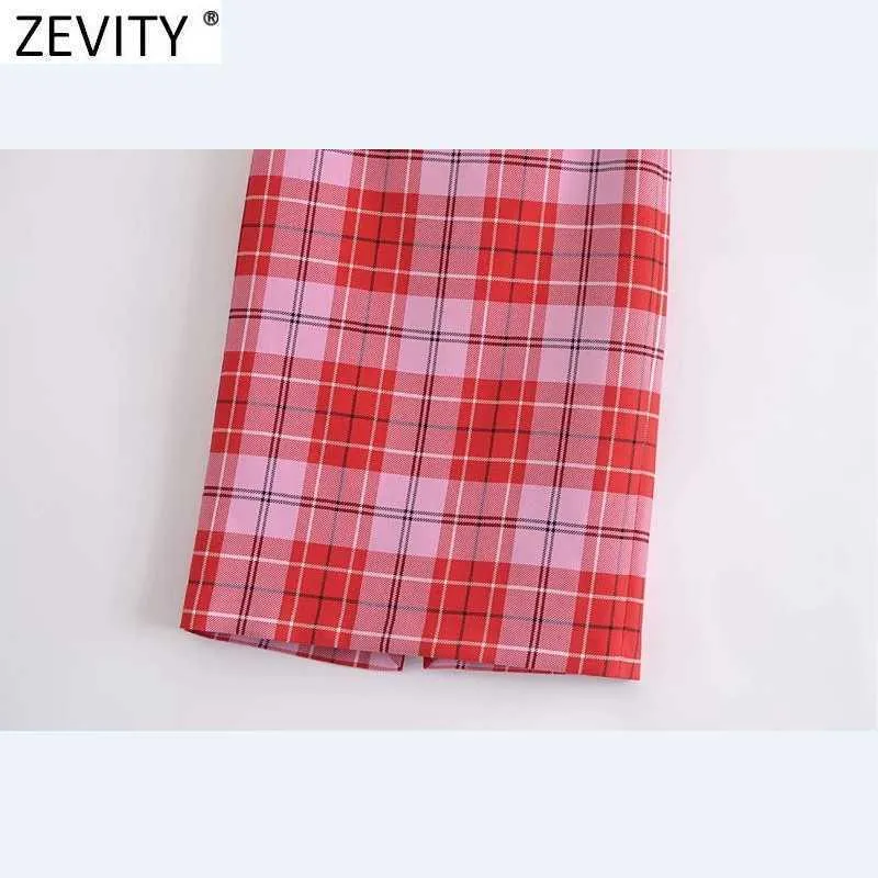 Zevity Femmes Vintage Rouge Plaid Imprimer Casual Une Ligne Midi Jupe Faldas Mujer Femelle Fermeture Éclair Latérale Split Minceur Vestidos QUN743 210721