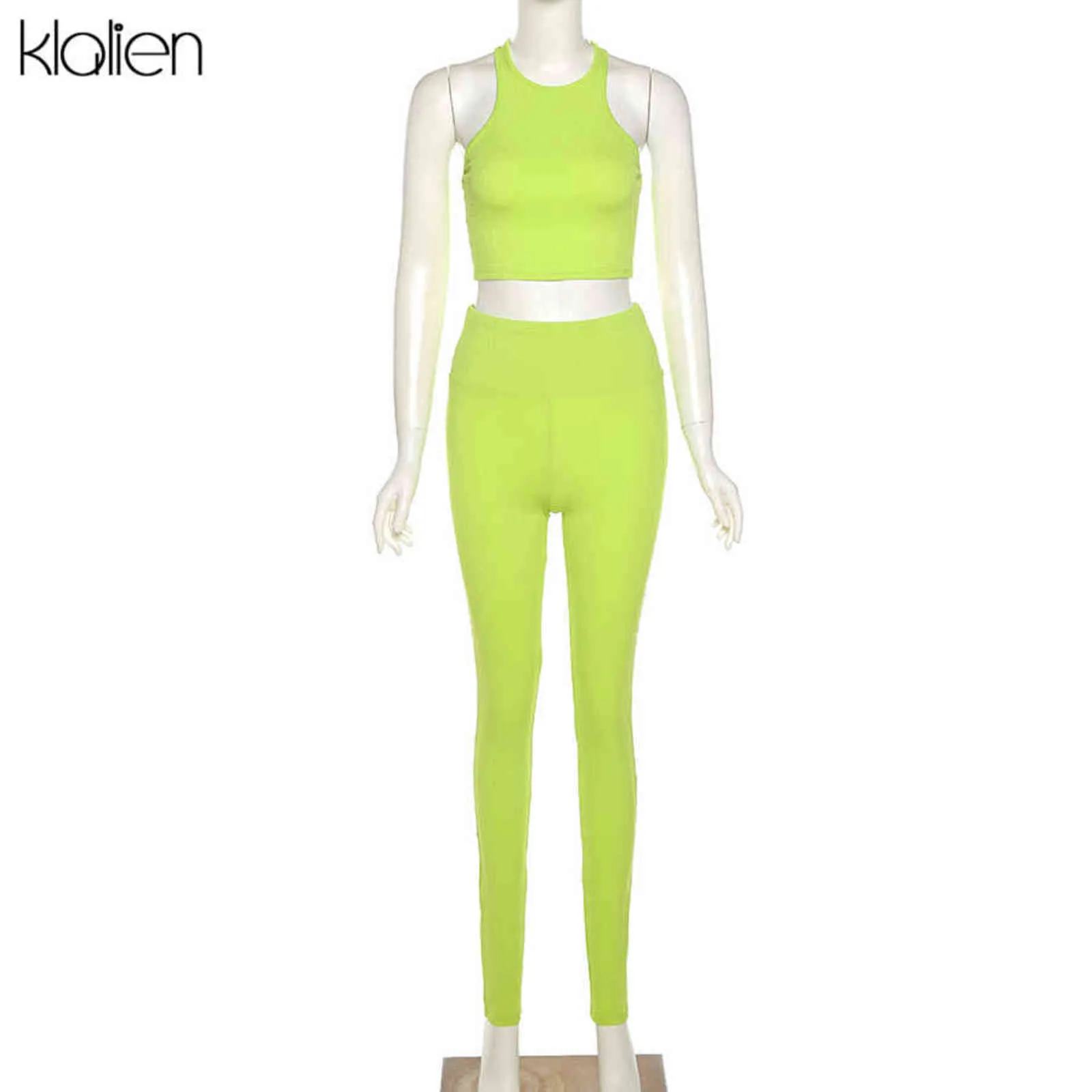 Klaien Summer Solid Slim Stretch Rib Knit Tank Top y pantalones Conjunto a juego Casual Streetwear Mujer Traje 211105