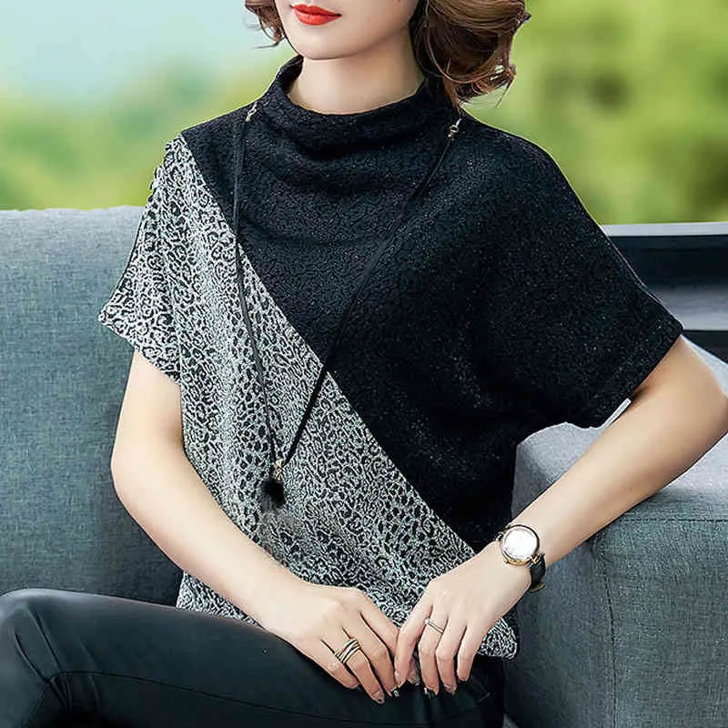Koreaanse mode kleding dames luipaard kantoor O-hals korte mouw shirt tops blusas shirts plus size vrouwen 8498 210415