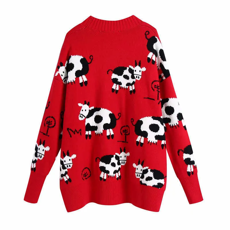 ZA Animal Print Red Knit Cardigan Women Long Sleeve V Neck Loose Cute Sweater Woman Fashion Plus Size Knitted Long Top 210602