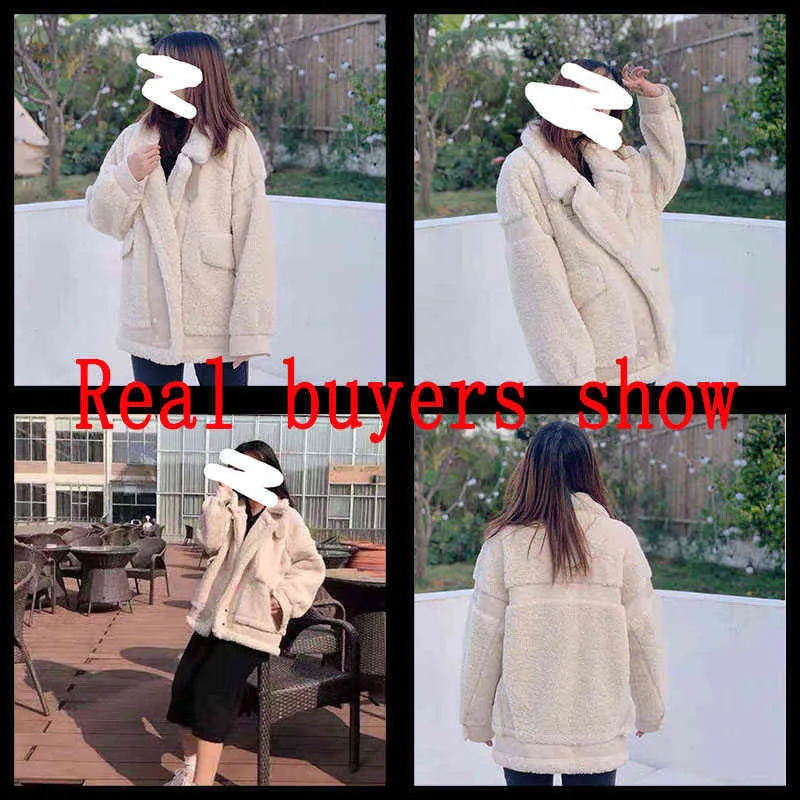 Lucyever mulheres casaco de lã de cordeiro inverno engrossado quente casaco macio feminino oversize bege bege casual casaco casacos 211110