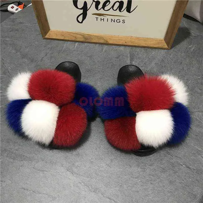 Furry Fur Slides Summer Shoes for Women Tisters Women's Shoes 2020 Fox Fur Flat Sandals Zapatos Mujer Flip Flops Beach Sandals H1122