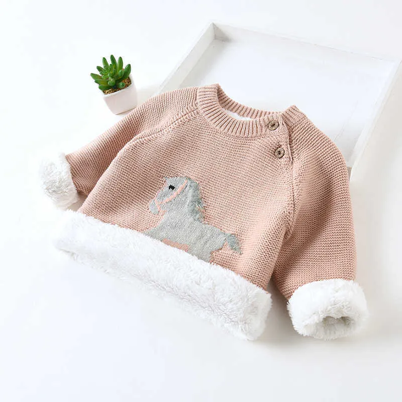 Carino cavallo stampa bambini maglione ragazzi addensare più pile top ragazze maglione neonato inverno caldo lana pullover abbigliamento bambino cappotti Y1024