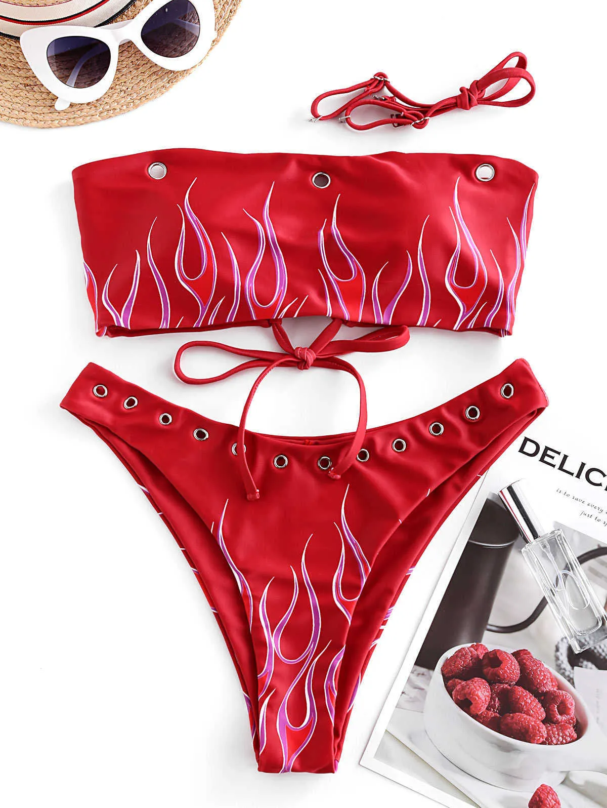 Kvinnor Lace-up Bandeau Bikini Set Strapless Sexig Baddräkt Flame Print Grommets Ladies Badkläder String Padded Baddräkt 210621