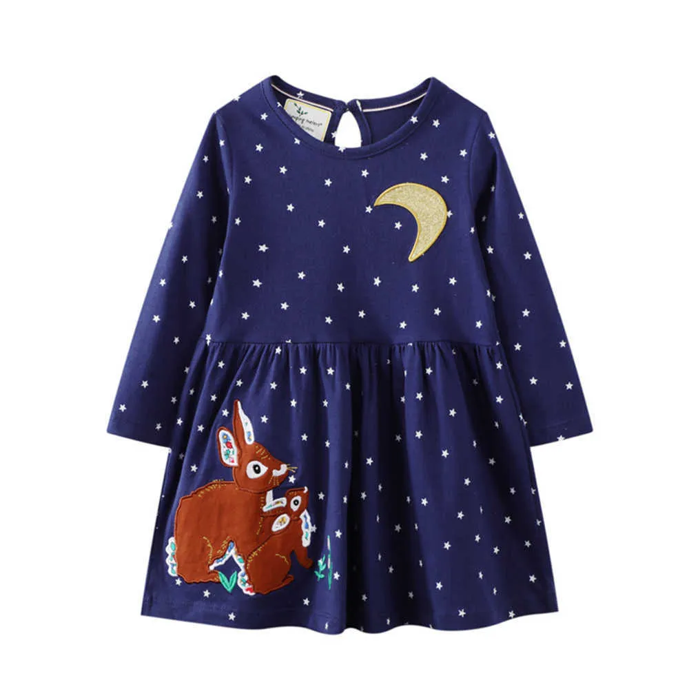 Atlama Metre Sonbahar Prenses Bunny Aplike Pamuk Yıldız Baskı Moda Doğum Günü Kız Elbise 210529