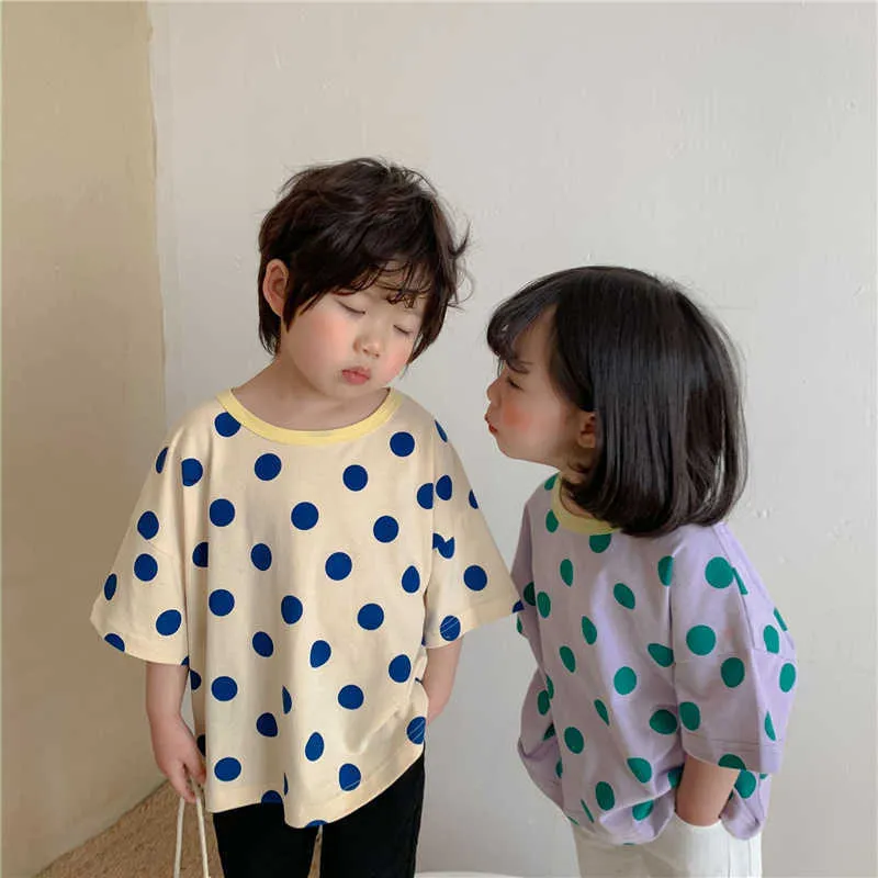 Summer Korean style boys girls dot short sleeve loose t shirts unisex kids soft cotton casual Tee 210615