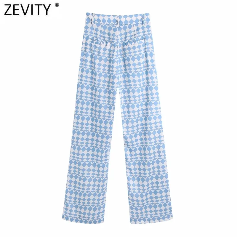 Femmes Vintage Bleu Géométrique Imprimer Pantalon Droit Bureau Dames Zipper Fly Chic Business Casual Pantalon Long P1031 210416