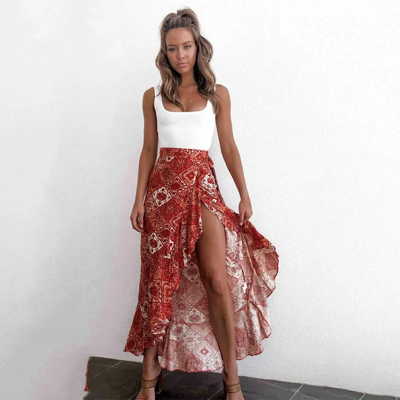 Casual boho maxi gonna avvolgente donna volant fessura lunga estate s sexy vacanza al mare stampa floreale spaccato Bottoms 210427