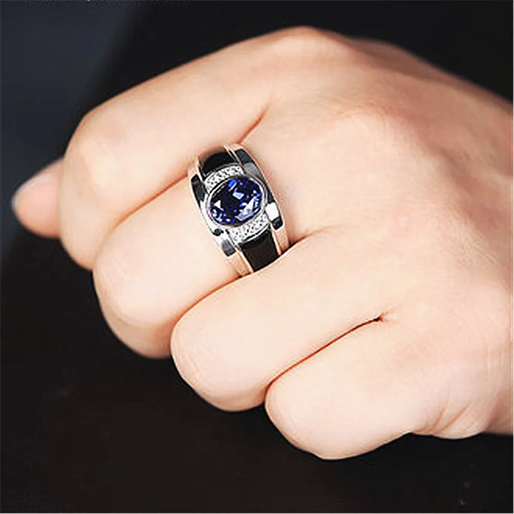 Мода сапфировые драгоценные камни синий хрусталь черный агат Zircon бриллианты кольца для мужчин белый золотой серебряный цвет украшений пачка