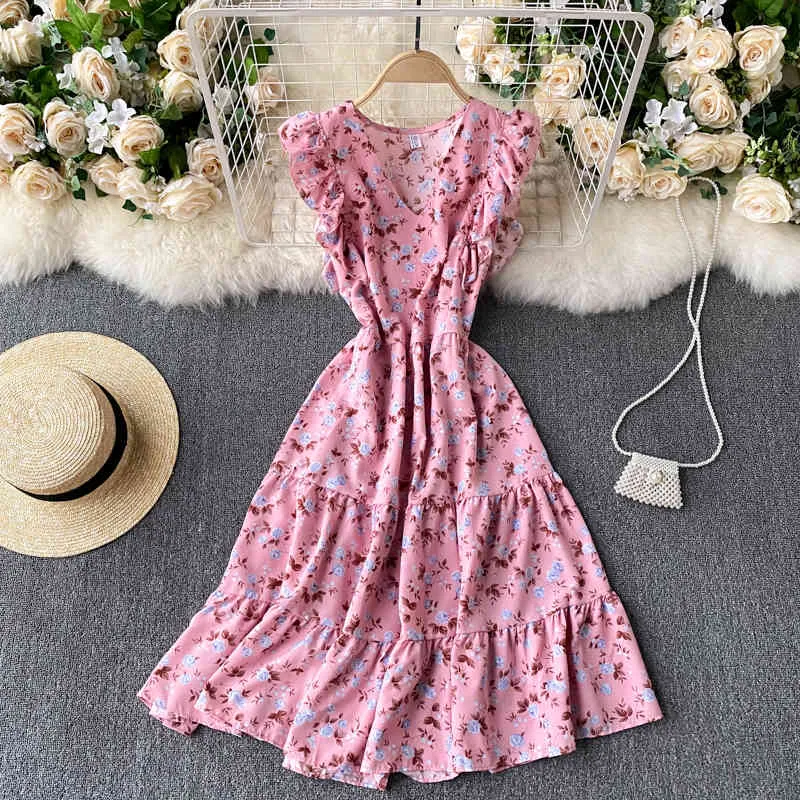 Letnia Elegancka Plaża V-Neck Średnia Długość Ruffles Ruerena Kwiatowa Szyfonowa Sukienka Damska Retro Szczupła Wysoka Talia Drukuj Dresy linii 210514