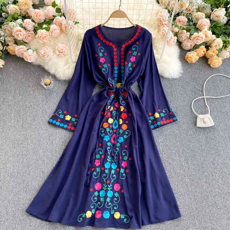 Bahar Moda Etnik Retro Baskı Vestidos Kadın V Yaka Dantel MIDI Elbise ile Bel ve İnce Mizaç C707 210506