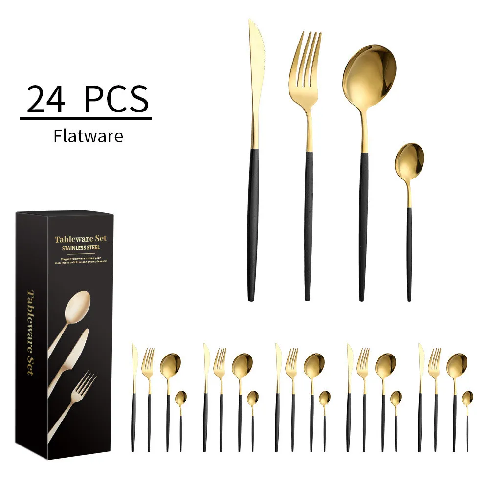 24 pièces ensembles de vaisselle dorés haut de gamme couteau en acier inoxydable fourchette cuillère ensemble de vaisselle couverts noirs pour accessoires de dîner de cuisine à domicile