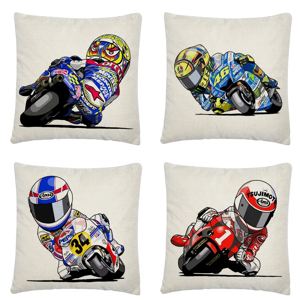 Housse de coussin en lin doux et court, motif de dessin animé de course de moto, taie d'oreiller pour décoration de maison, canapé et voiture, 242D
