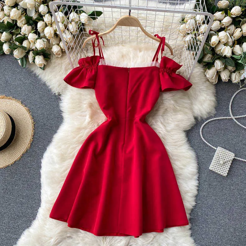 Dormi Dolce Dolce Fungo Dolce Slash Neck Suspender Dress Solid Color Manica Corta Slim Fashion Molla Estate 11B744 210709