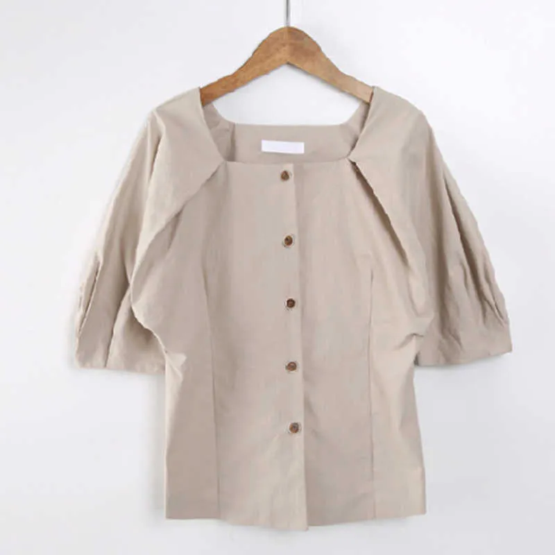 Korejpaaの女性のシャツ夏の韓国のシックなすべてのマッチ薄い正方形の襟シングルブレストプリーツスリムフィットパフスリーブブラウス210526