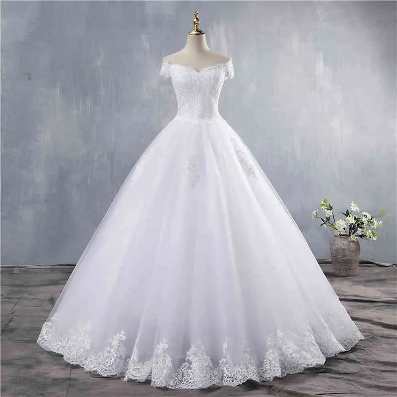 ZJ9143 blanc ivoire dentelle Appliques robe de bal pas cher hors de l'épaule manches courtes robe de mariée robes de mariée 223k