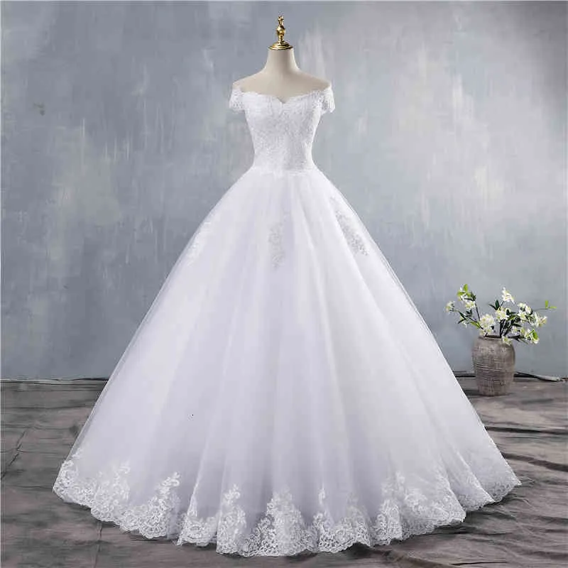 ZJ9143 White Ivory Lace Appliques Ball Gown Cheap Off The Shoulder Short Sleeves Bridal Dress Wedding Dresses223k