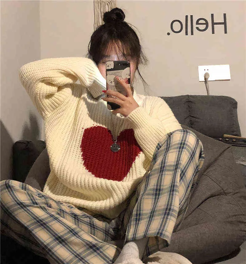 Korean Winter Sweet Heart-shaped Pattern Sweater Vintage Harajuku Style Full Sleeve Pullovers Loose Knitting Casual Sweater 211217