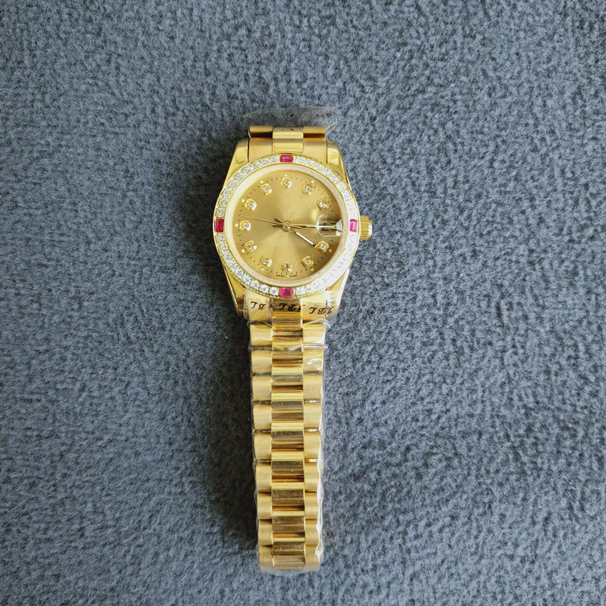 Relógios femininos safira cristal automático mecânico 69178 de alta qualidade ouro vermelho diamante moldura menina relógio presente 26mm286v